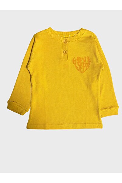 elmas kids Kız Çocuk %100 Pamuklu Waffle Kumaş Kışlık Hardal Rengi Love Yazılı Uzun Kollu Basic Pijama Takımı