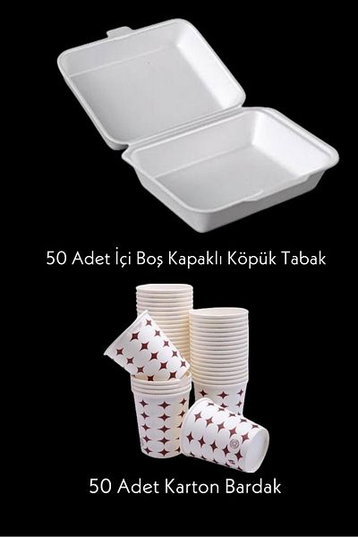 Özkan Ambalaj Temizlik 50 Pieces of Foam Plates with Hollow Lids - 50 Pieces of Cardboard Cups