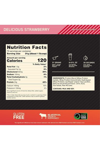 Optimum Nutrition Gold Standard 100% Whey Protein, Delicious Strawberry, 5 LB