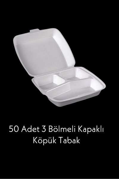 Özkan Ambalaj Temizlik 50 Pieces of 3 Compartment Foam Plates with Lids - 50 Paper Cups