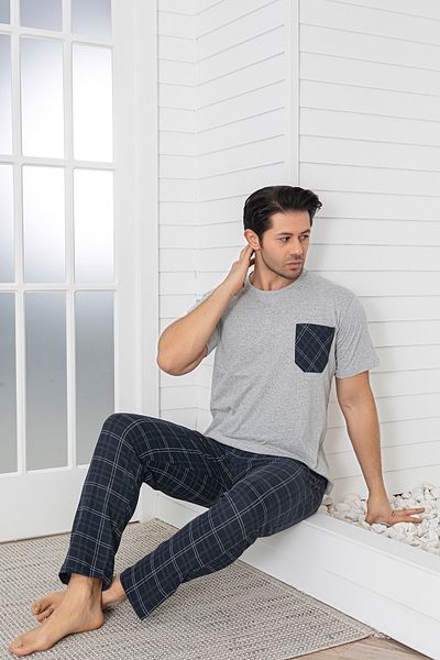 Sude HOMEWEAR Ανδρικό σετ πιτζάμες με κοντό μανίκι με καρό τσέπη