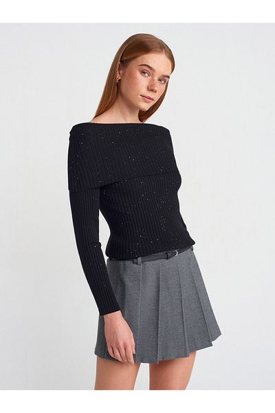 Dilvin 10705 Bardot Collar Sequin Ribbed Knitwear Sweater-Black