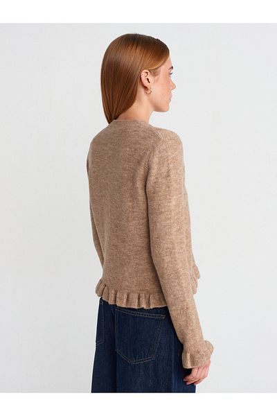 Dilvin 60934 Beige Crew Neck Ruffle Knitwear Cardigan - Buttoned