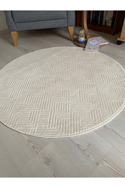 Alya Home Kaymaz Tabanlı Yuvarlak Yolluk Halı Banyo ve Tuvalet Paspası Krem