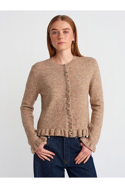 Dilvin 60934 Beige Crew Neck Ruffle Knitwear Cardigan - Buttoned