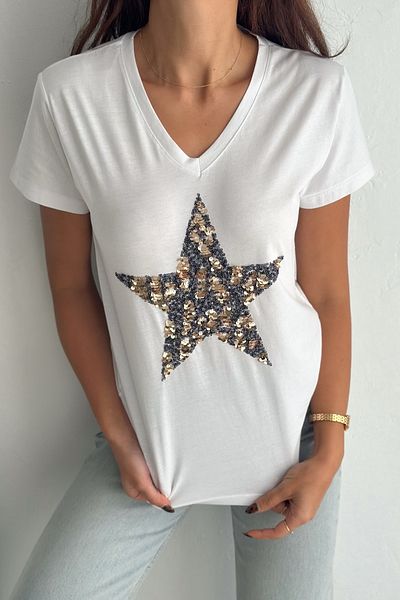 FEMELLE Tricou alb pentru femei, cu decolteu în V, cu model de stea, cu paiete brodate, 100% bumbac
