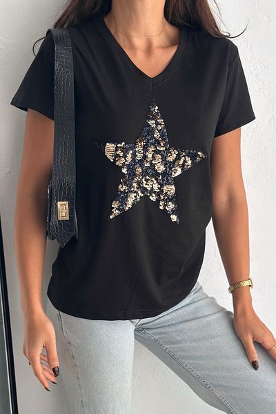 FEMELLE Tricou de damă, negru, cu decolteu în V, cu model de stea, cu paiete brodate, 100% bumbac