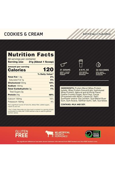Optimum Nutrition Gold Standard 100% Whey Protein, Cookies and Cream, 4.6 LB