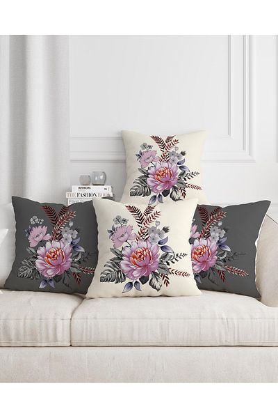 Şah Dekor Modern Designed Floral Patterned 4-Piece Digital Printed Gift Pillow Throw Pillow Cover