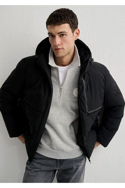 Mavi Water Repellent Hooded Black Long Jacket Loose Fit / Loose Relaxed Cut 0...