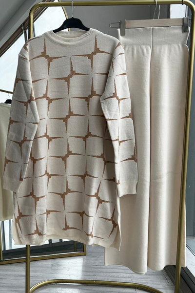 Bold Grup Γυναικείο Σετ Πλεκτό Κρεμ Χρώμα Glitter - Σχέδιο Τουνίκ, Παντελόνι και Χιτζάμπ