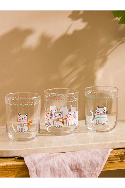 LC Waikiki Lcwk Cat Printed Glass Glass Set of 3 350 ml