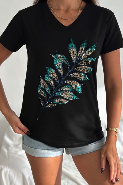 FEMELLE Tricou negru pentru femei, cu decolteu în V, cu model de frunze, cu paiete brodate, 100% bumbac