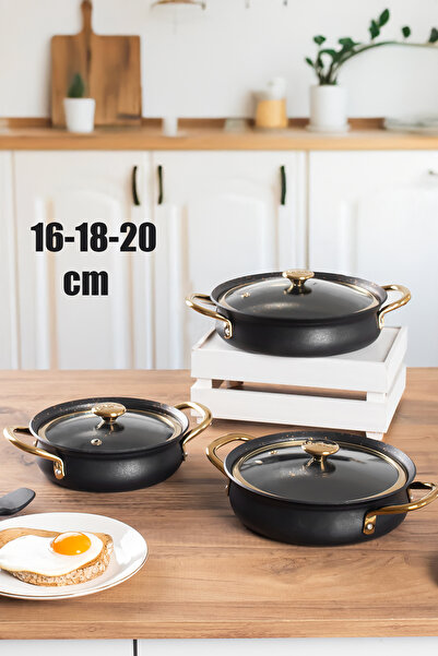 OMS 3724 Bakraç Güveç Sahan Takımı - Yanmaz Yapışmaz 3 lü Sahan Seti Siyah Gold