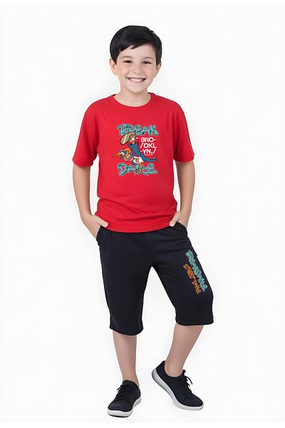 YA KO KİDS Break Dance Printed Boy's Short Sleeve Capri Bottom-Top Suit