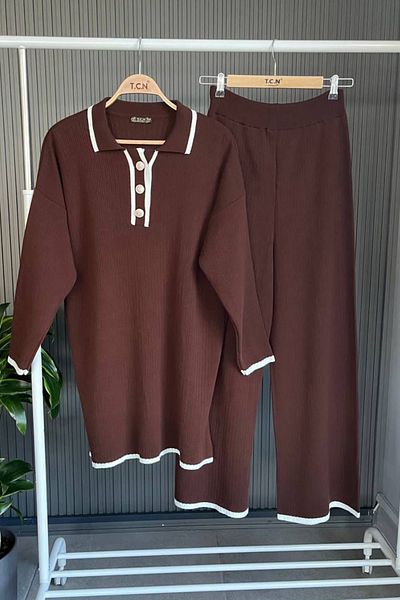 Bold Grup Brown Knitwear Ribbed Hijab Set - Shirt Collar, Button Detailed Tunic and Pants
