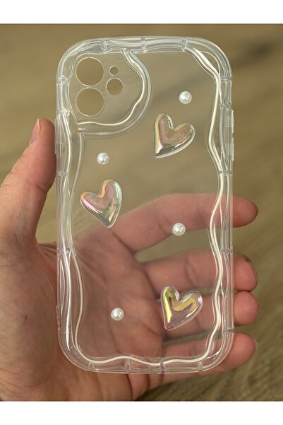 Fibaks iPhone 12 Case Designed Patterned Camera Protection 3D Heart and Pearl Design Transparent Silicone Cover