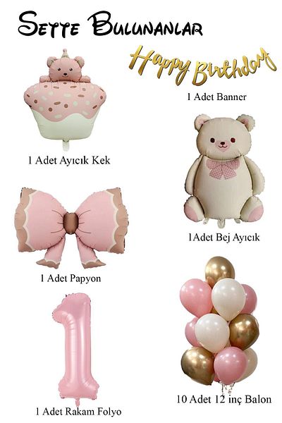 Patladı Gitti Retro 1 Year Old Teddy Bear Themed Baby Girl Concept Birthday Set