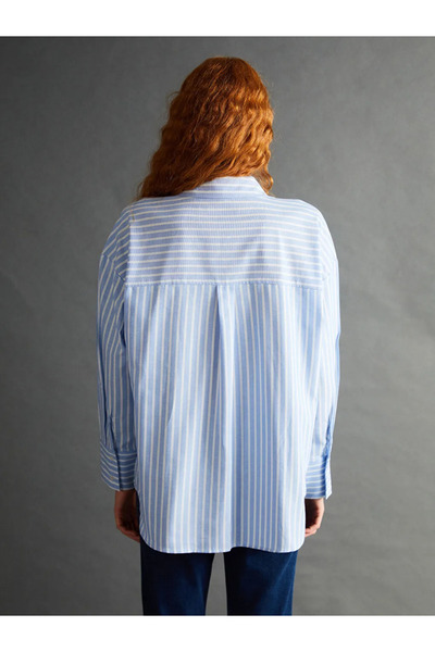 LC Waikiki LCW Vision Mavi Çizgili Oversize Kadın Gömlek