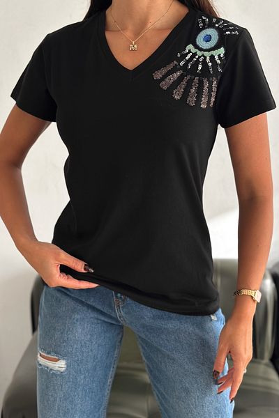 FEMELLE Tricou negru pentru femei, cu decolteu în V, broderie pe umeri și paiete brodate cu paiete, 100% bumbac