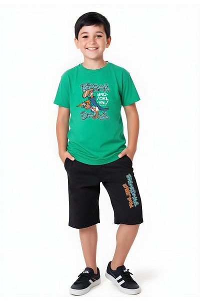 YA KO KİDS Break Dance Printed Boy's Short Sleeve Capri Bottom-Top Suit