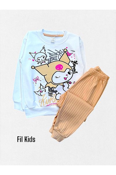 Fil Kids Set de pijamale de iarnă cu mânecă lungă, 100% bumbac, alb, pepene galben, cu model de caractere Kuromi