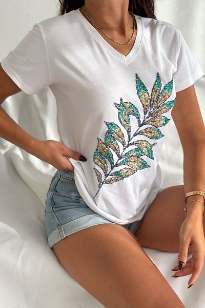 FEMELLE Tricou alb pentru femei, cu decolteu în V, cu model de frunze, cu paiete brodate, 100% bumbac