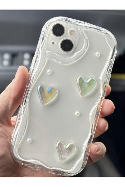 Fibaks iPhone 14 Compatible Case Designed Patterned Camera Protection 3D Heart and Pearl Design Transparent Silicone