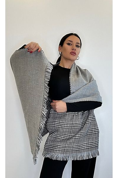 asalya Double-Sided Checked Pattern Thick Winter Wool Shoulder Shawl Scarf