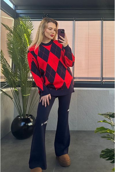 MİR STORE Red Navy Blue Striped Diamond Patterned Long Sweater