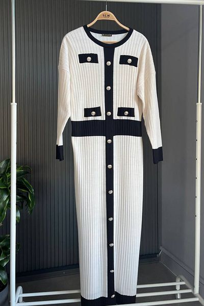 Bold Grup Γυναικείο Λευκό Oversize Ριγέ Πλεκτό Φόρεμα Πουλόβερ Hijab