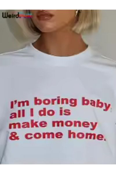 Boi Women's Boring Baby Make Money Letter T-Shirt- Black and White Oversize Cotton T-Shirt