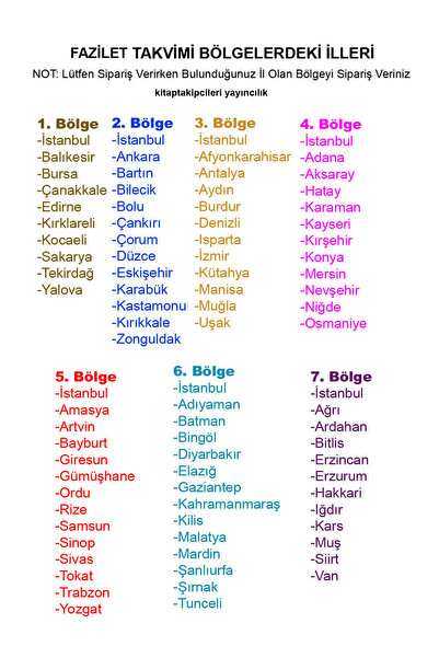 kitaptakipcileri 2025 Yılı Fazilet Takvimi, 365 Yapraklıdır, ARKA KARTONSUZDUR 1 2 3 4 5 6 7 Bölge Seçenekli