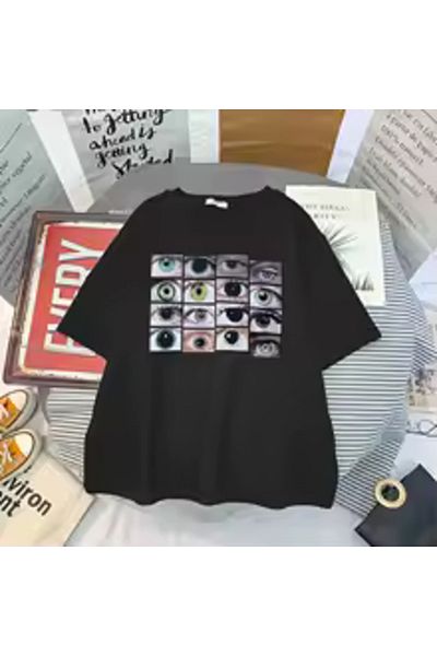 Boi Unisex Eyes Vol. Factory Design T-Shirt- Black and White Oversize Cotton Tee
