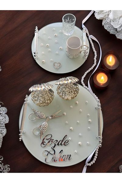 CyzHome Beloved Silver White and Pearl Engagement and Groom Tray - Coffee Cup Tray 1