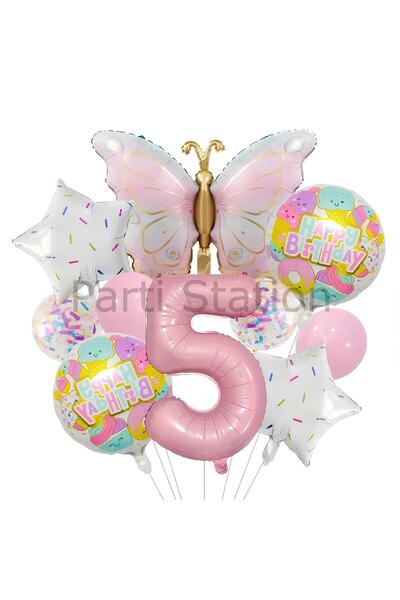 Parti Station مجموعة بالونات عيد ميلاد على شكل فراشة بعمر 5 سنوات، مجموعة بال...