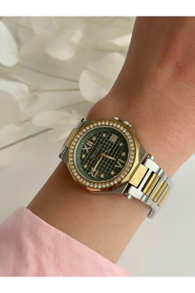 Ferrucci ساعة يد نسائية من FERRUCCİ-(ذهبي وفضي) بقرص داخلي أخضر