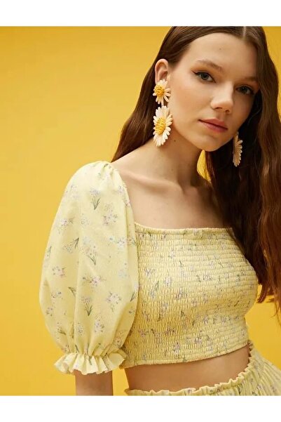 Koton Kadın Giyim Tişört 3SAK50476EK Sarı Desenli Sarı Desenli