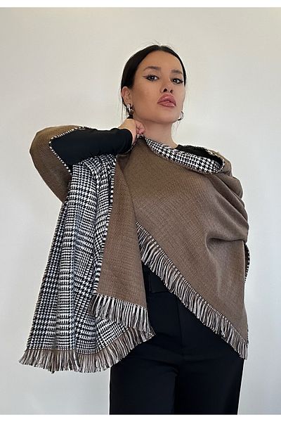asalya Double-Sided Checked Pattern Thick Winter Wool Shoulder Shawl Scarf