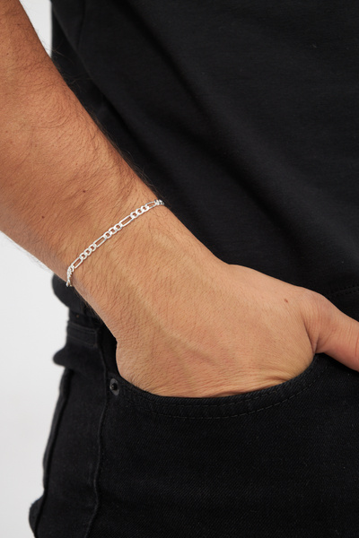 Ventino Silver 4mm Figaro 925 Ayar Gümüş Erkek Zincir Bileklik Veb-5021