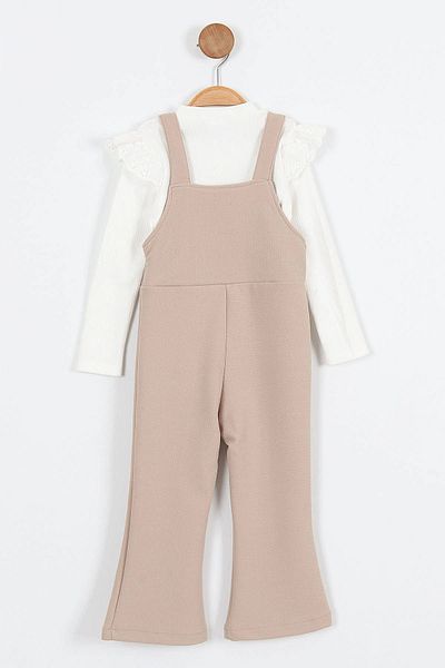 Minigimin Cicileri Girls' Set in Beige - My Mini's Flowers, Strap Stone Button Romper and Ruffled Blouse