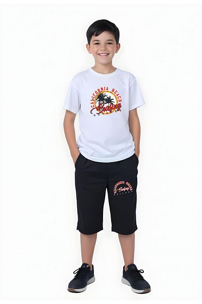 panios kids Surfing Printed Boys' Short Sleeve Double Pocket Capri Bottom-Top Suit