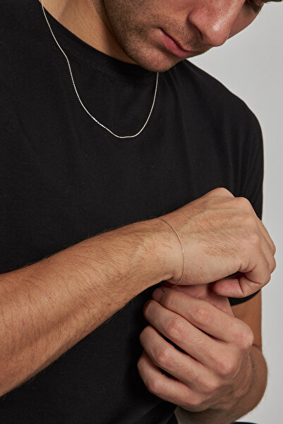 Ventino Silver 1mm Forse 925 Ayar Gümüş Erkek Zincir Kolye Bileklik Set Veb-8509