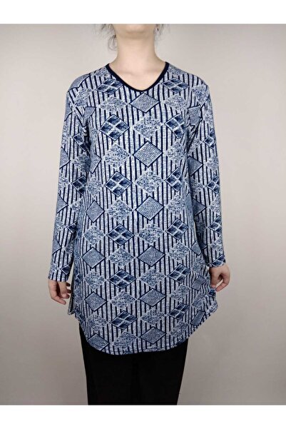 YAŞAR TRİKO Жіноча темно-синя туніка з V-подібним вирізом, довгими рукавами та м'якою тканиною