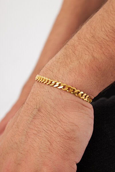 Ventino Silver 18 K Altın Kaplama 6mm Gurmet 925 Ayar Gümüş Erkek Zincir Bileklik VEB-5311