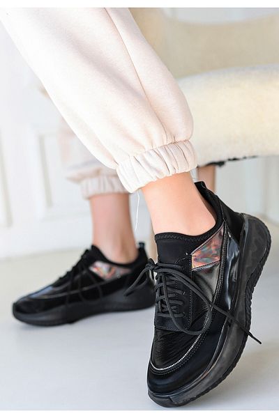 Aemido Nadio Black Patent Leather Black Sole Lace-Up Sneakers