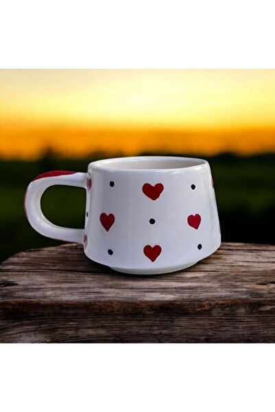 İlbay Çini Takı Seramik El İşi Kırmızı Kalpli Sevgili Kupa Bardak Mug