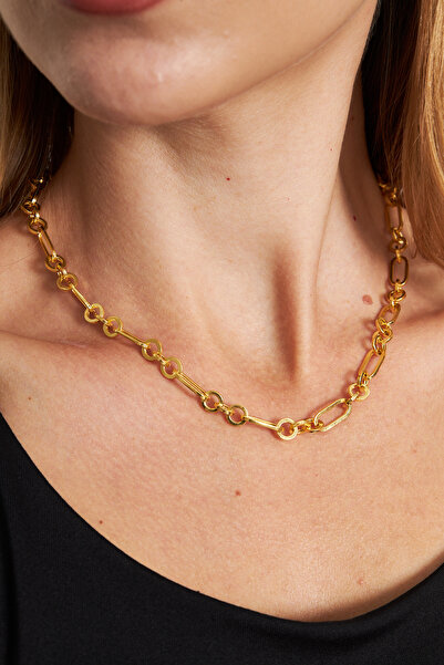 Ventino Silver 18 K Altın Kaplama Plated Yarım Ataç 925 Ayar Gümüş Kadın Koly...