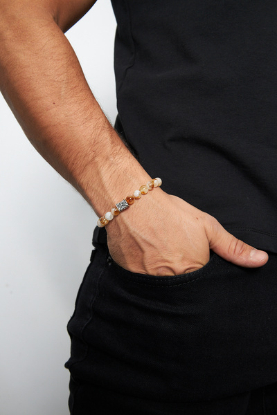 Ventino Silver 8mm Sitrin 925 Ayar Gümüş Erkek Doğal Taş Bileklik VED-0011