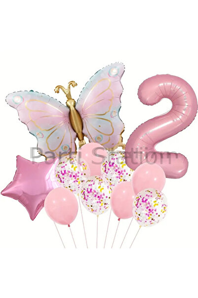 Parti Station Macaron Kelebek 2 Yaş Balon Set Gökkuşağı Macaron Kelebek Konse...